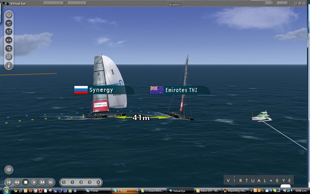 Finish of the match between Emirates Team NZ and Synergy, as ETNZ drops her spinnaker well short of the line after it went aback © ARL Media http://www.arl.co.nz/